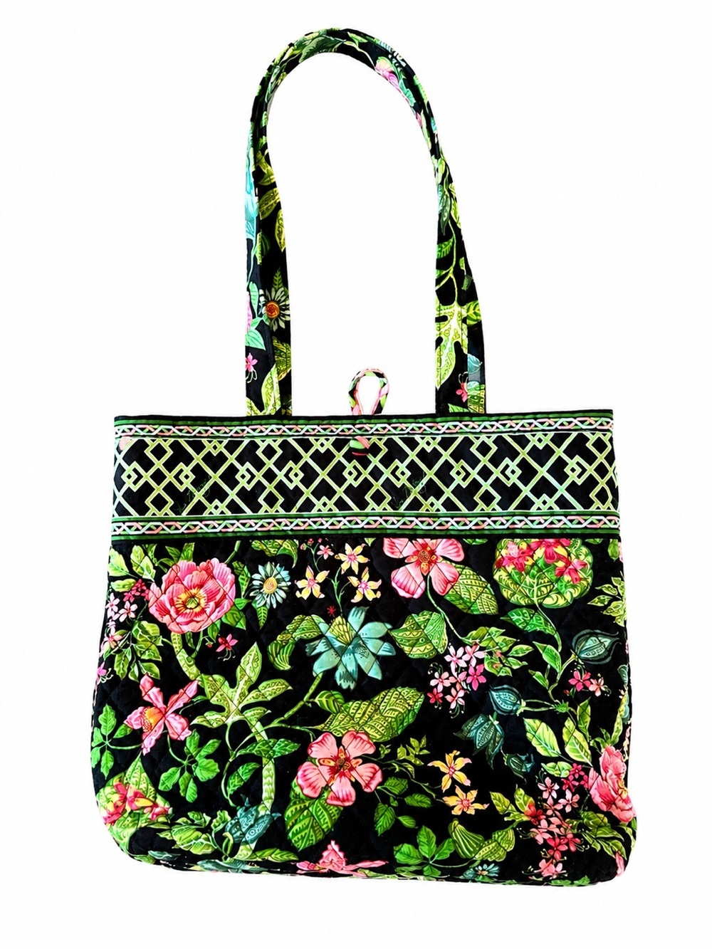 Vera Bradley Small Tote Bag Retired Floral Black Pink Green Quilted Cotton Shoul